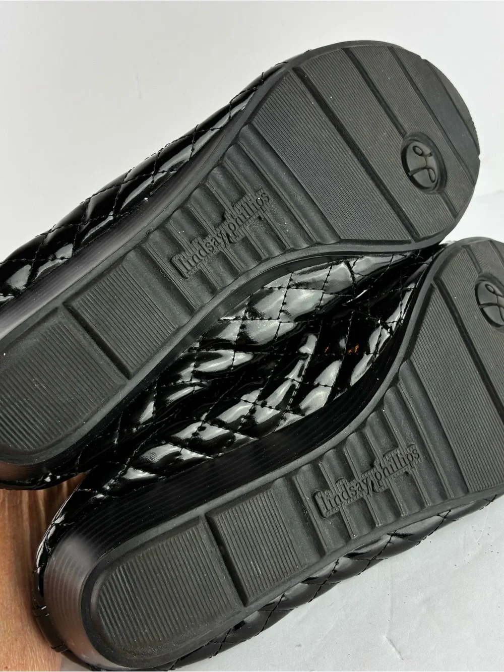Lindsay Phillips Christmas Black Quilted Patent Leather Flats Santa Tops